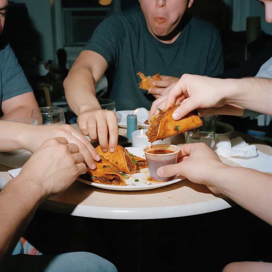 Friends reaching across the table for birria tacos and consommé