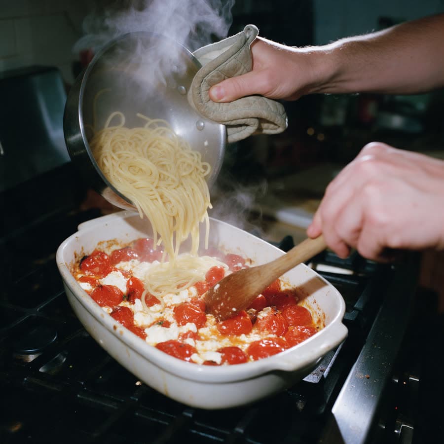 Pasta tipped from the pot into a dish of roasted tomatoes and feta