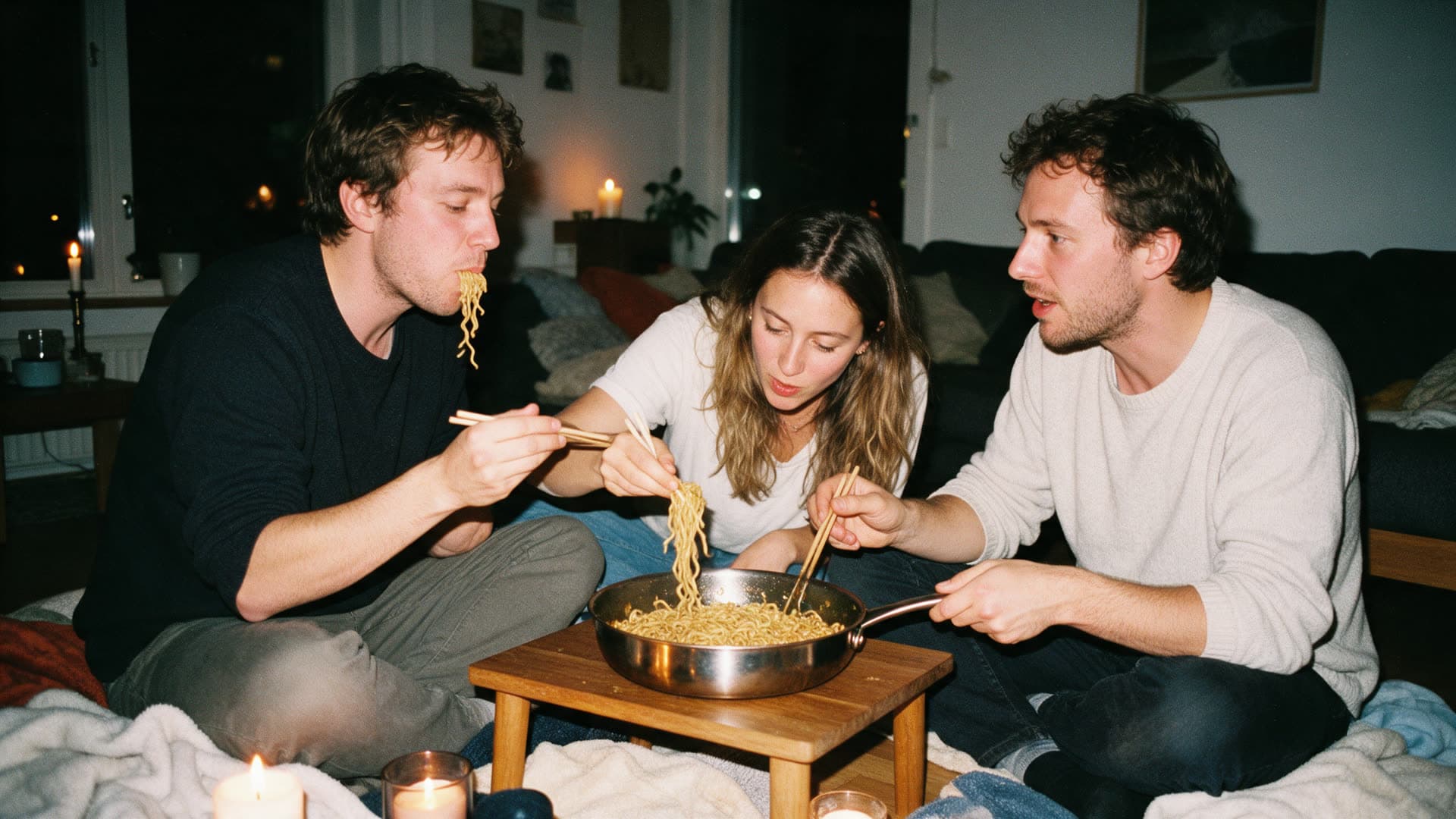 Three friends on the living room floor at night slurping noodles straight from the pan, lit by camera flash